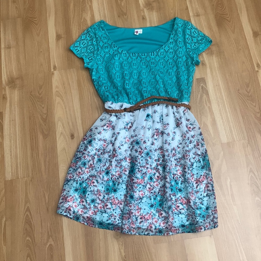 2 for $4 💙 AUW Teal Floral Dress w/ Belt | Size M Junior